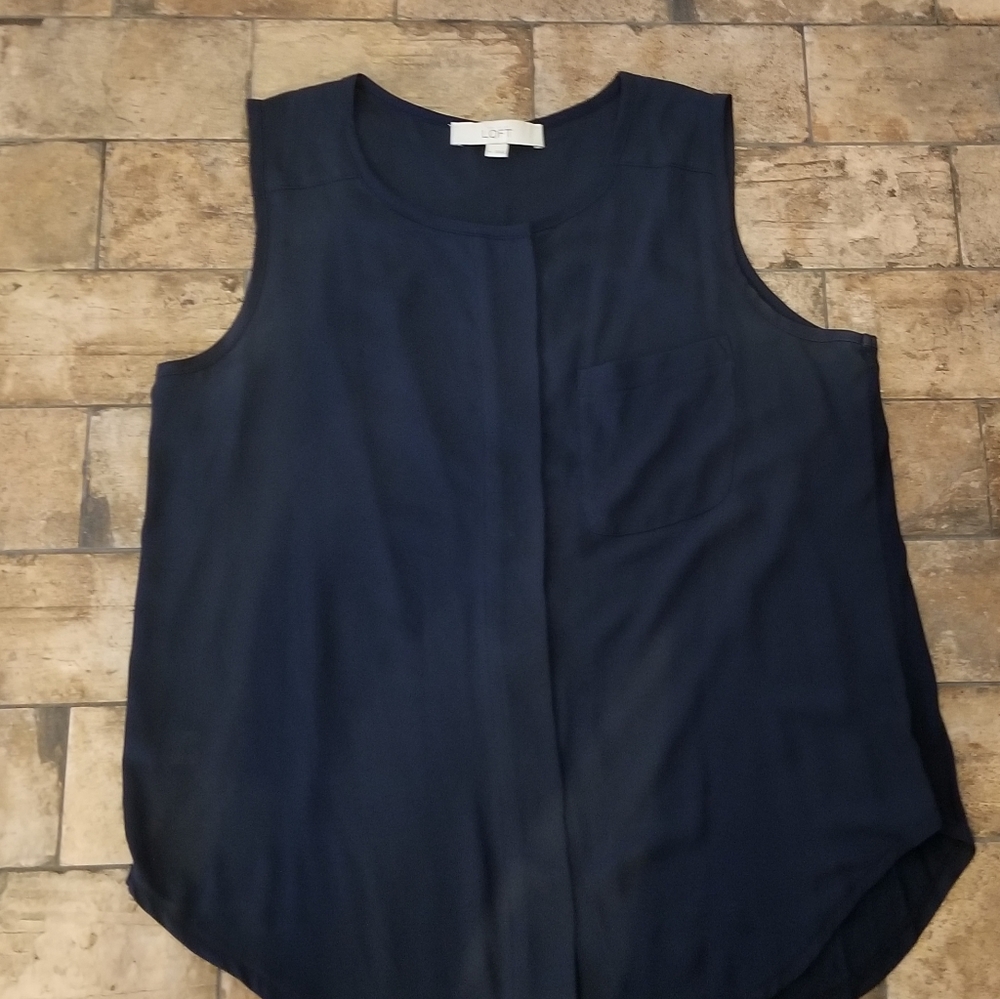 Loft Mixed Media Tank Top Blouse Size Medium M Navy Blue Button Down